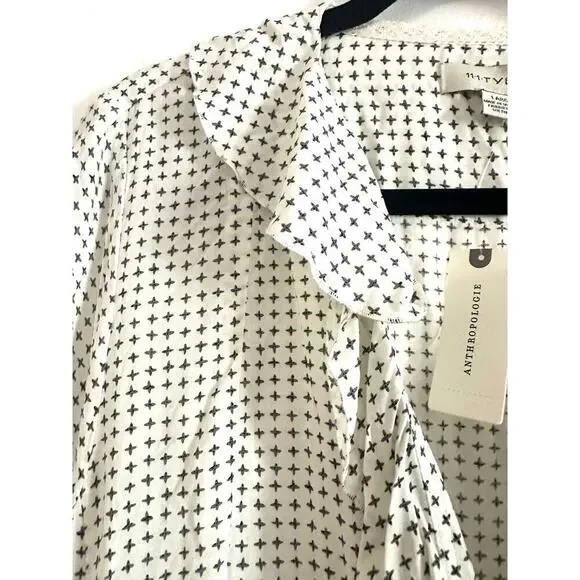 11.1 Tylho ANTHROPOLOGIE Minnie Blouse Ruffle Tunic Top Shirt Cross Print- L NWT - Picture 4 of 7